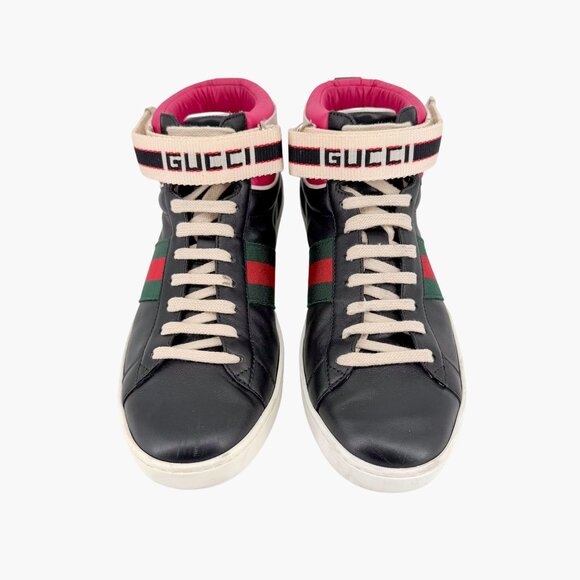 Gucci "New Ace" Black Leather High Top Sneakers Shoes Size 38.5 US 8.5 Women's - Picture 3 of 16